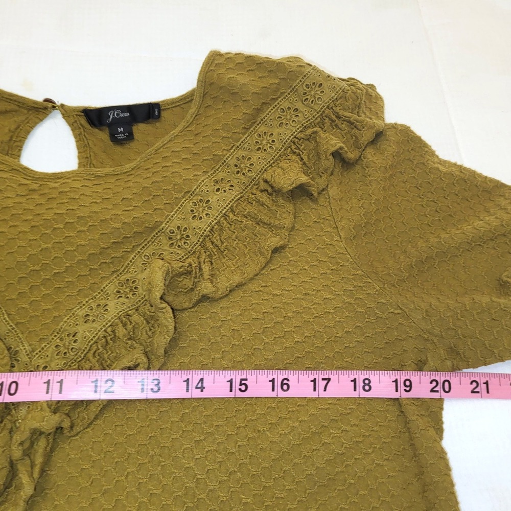 J.Crew Ruffle Trim Honeycomb Knit Olive Gold Green Long Sleeve Blouse - Picture 7 of 8